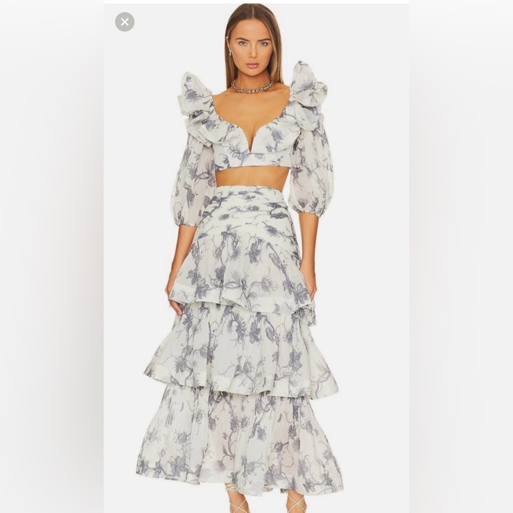 Floral Tiered Skirt & TOP- White and BLUE